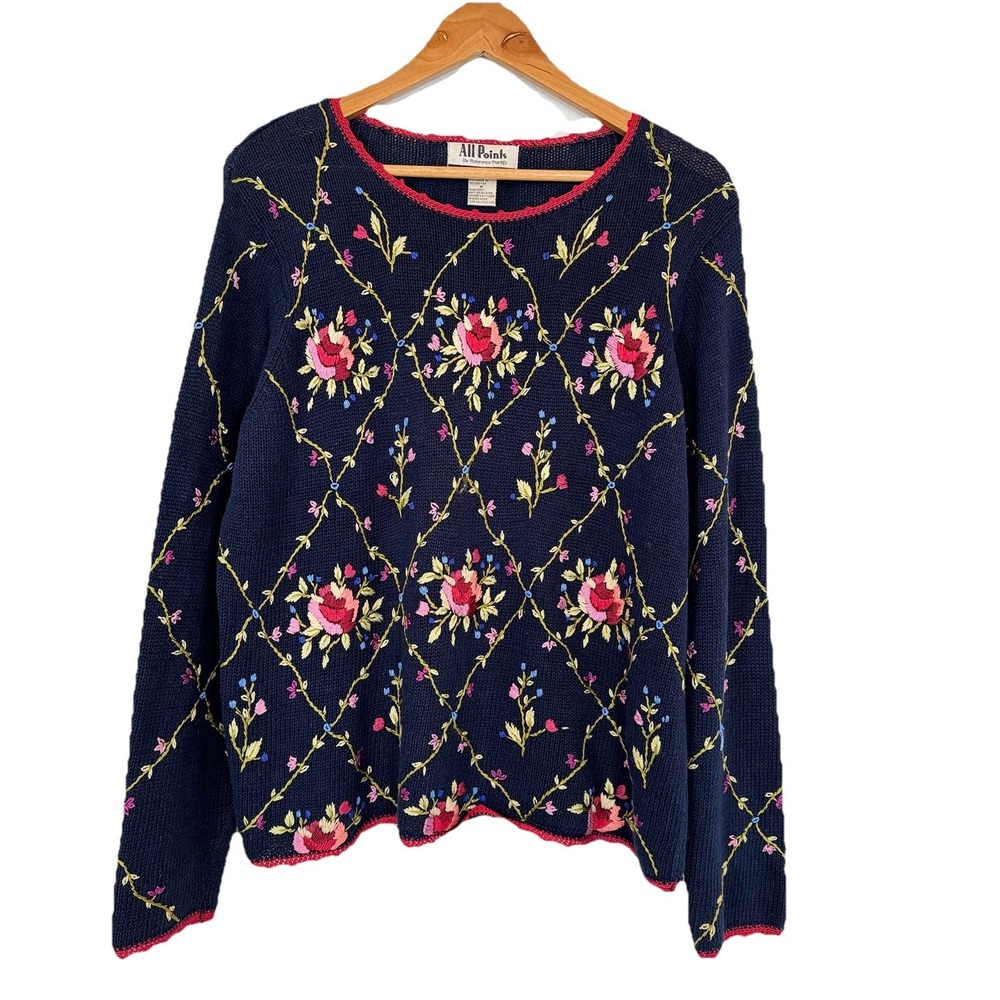 Vtg 80s‎ 90s All Points Sweater M Floral Embroidered Crochet  Cottagecore Blue